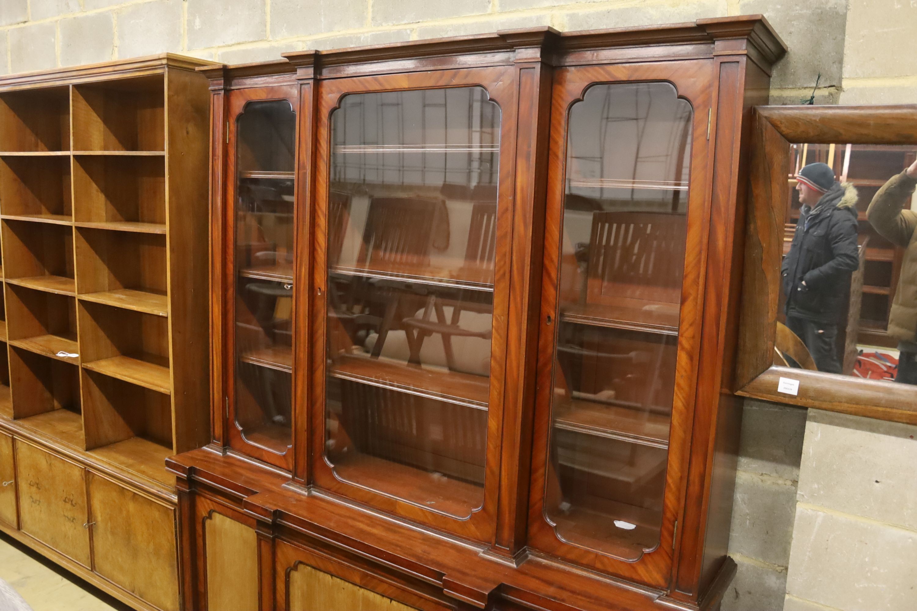 A Victorian mahogany breakfront bookcase, length 168cm, depth 46cm, height 217cm